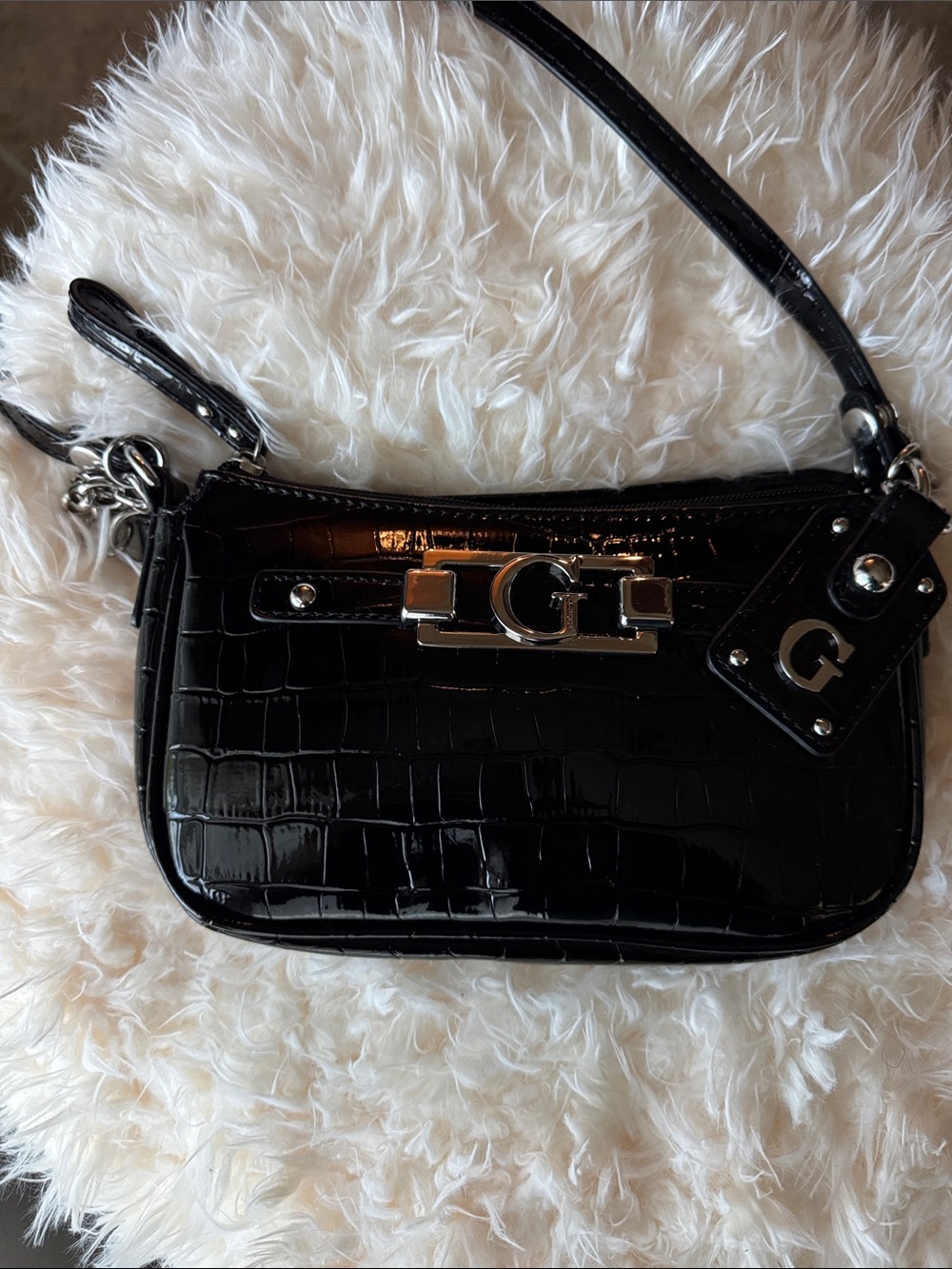Guess Black Croc-Embossed Mini Shoulder Bag with G Silver Hardware